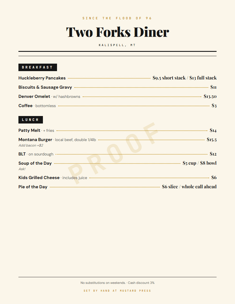 A typeset diner menu proof