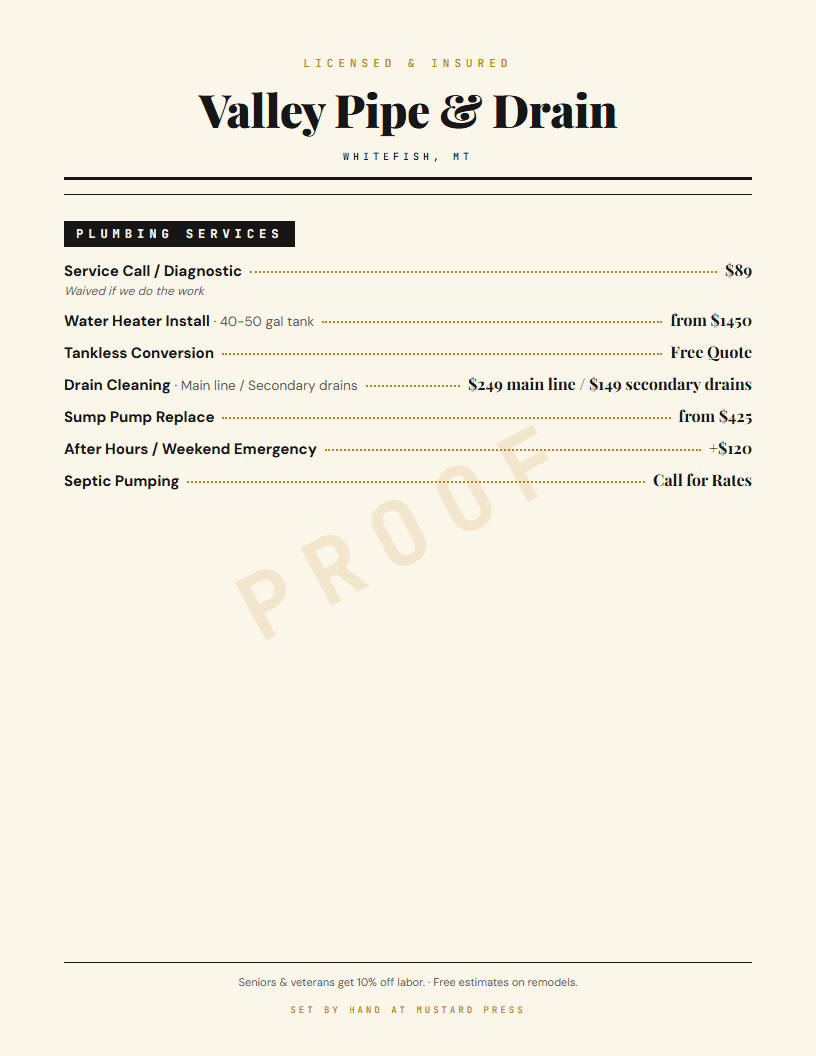 A typeset plumbing rate sheet proof