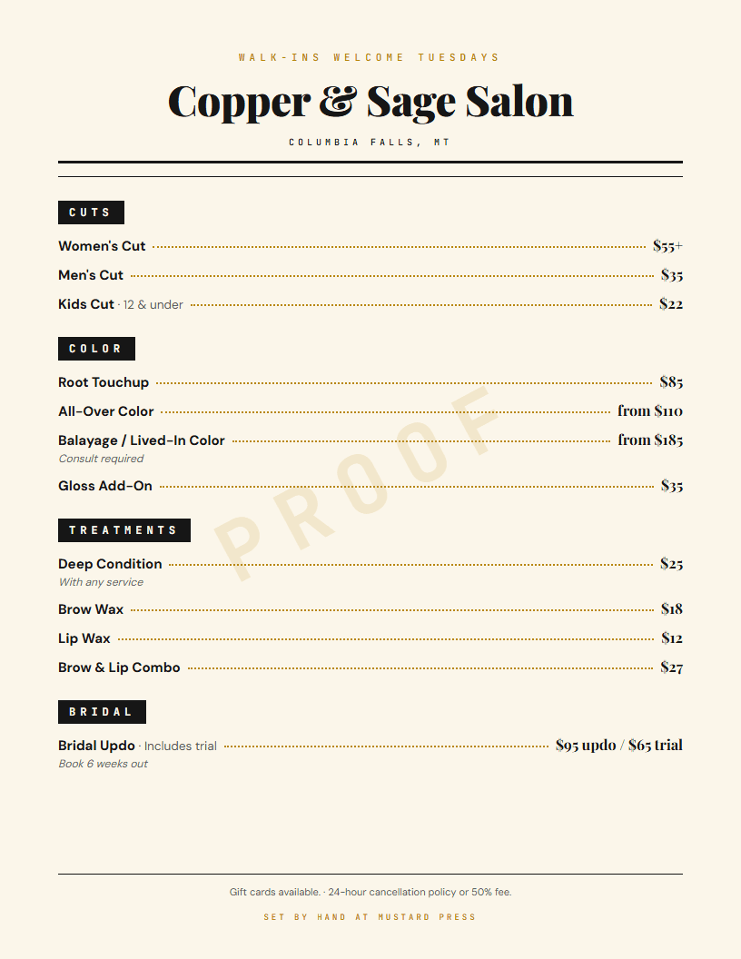 A typeset salon price list proof
