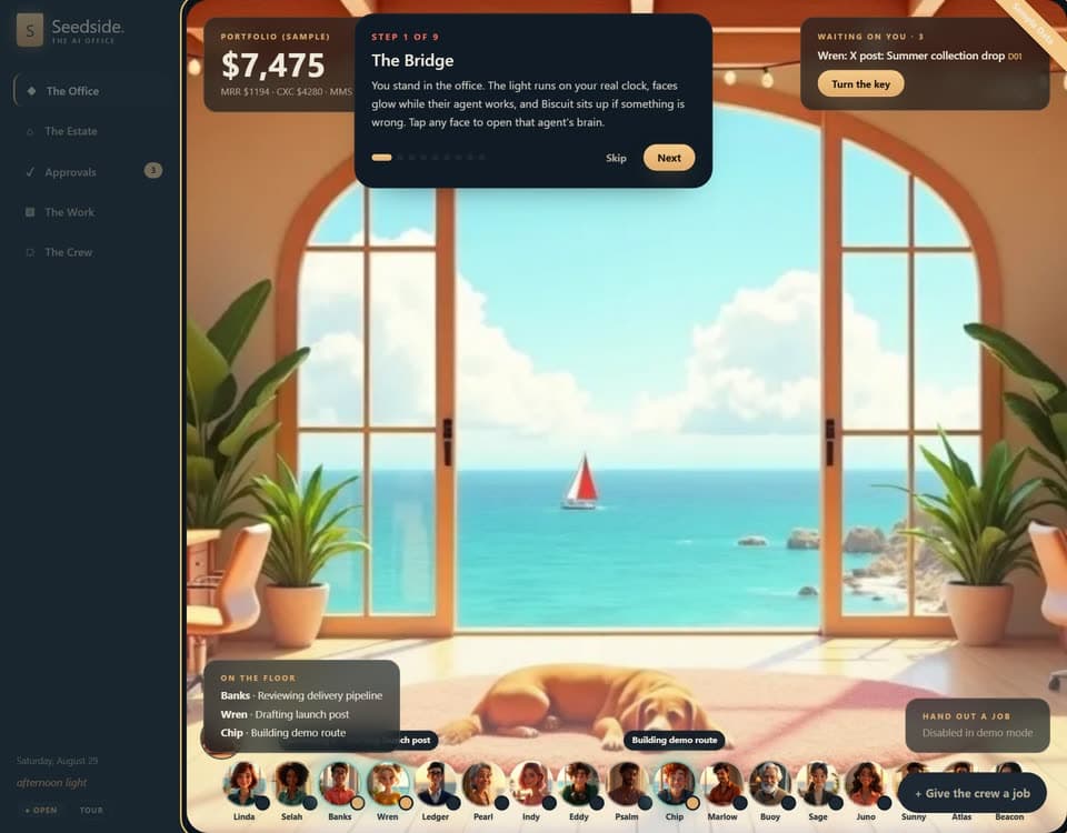 The Cove: a seventeen-agent back office · the demo floor