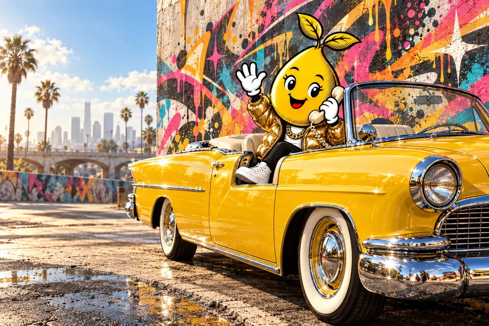 Graffiti couture painting: Mr. Mustard waves hello and talks on a vintage car phone from a mustard-yellow classic convertible, parked by a wall of bright graffiti