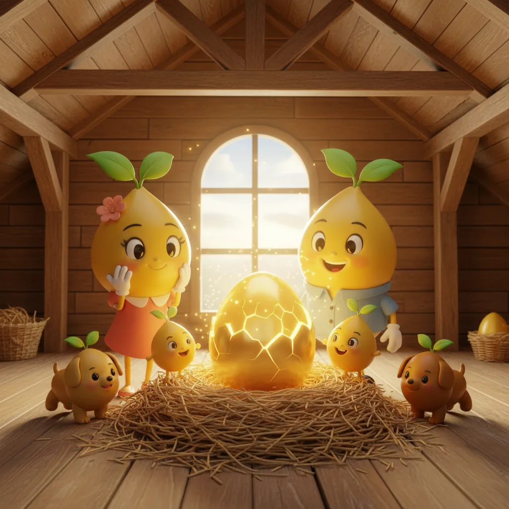 The whole Mustard family gathered around a glowing golden egg cracking open in a nest of straw.