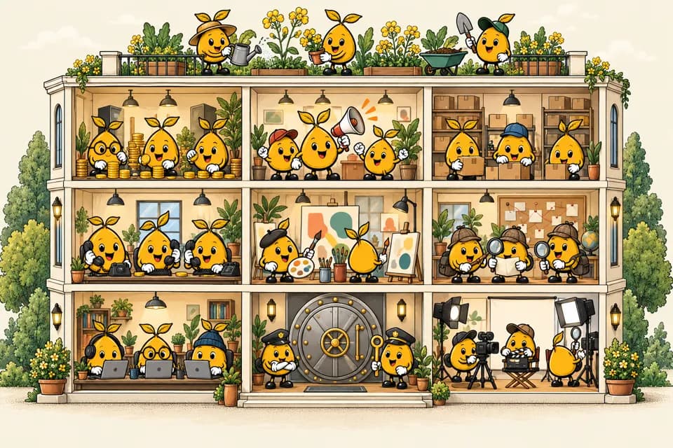 Cartoon cutaway of a three-story office where mustard seed characters work in their own rooms: counting coins, answering phones, painting, packing boxes, investigating, guarding a vault, filming and tending a rooftop garden.