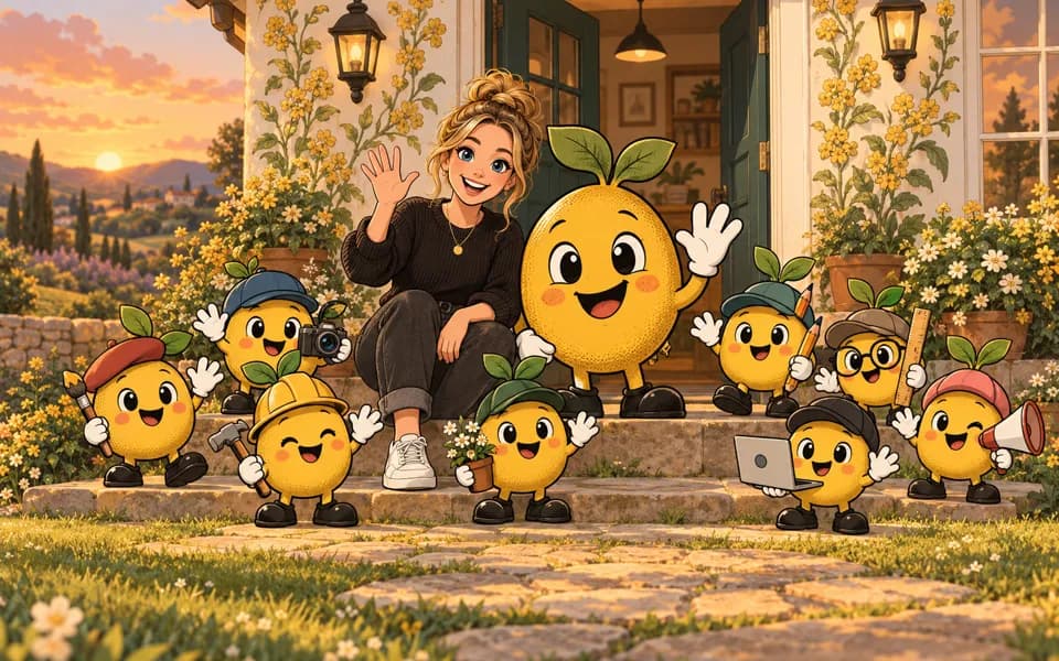 Cartoon of the front steps of a flower-covered office at sunset, where a smiling owner sits beside Mr. Mustard and the seed crew waves, each seed holding the tool of its job.