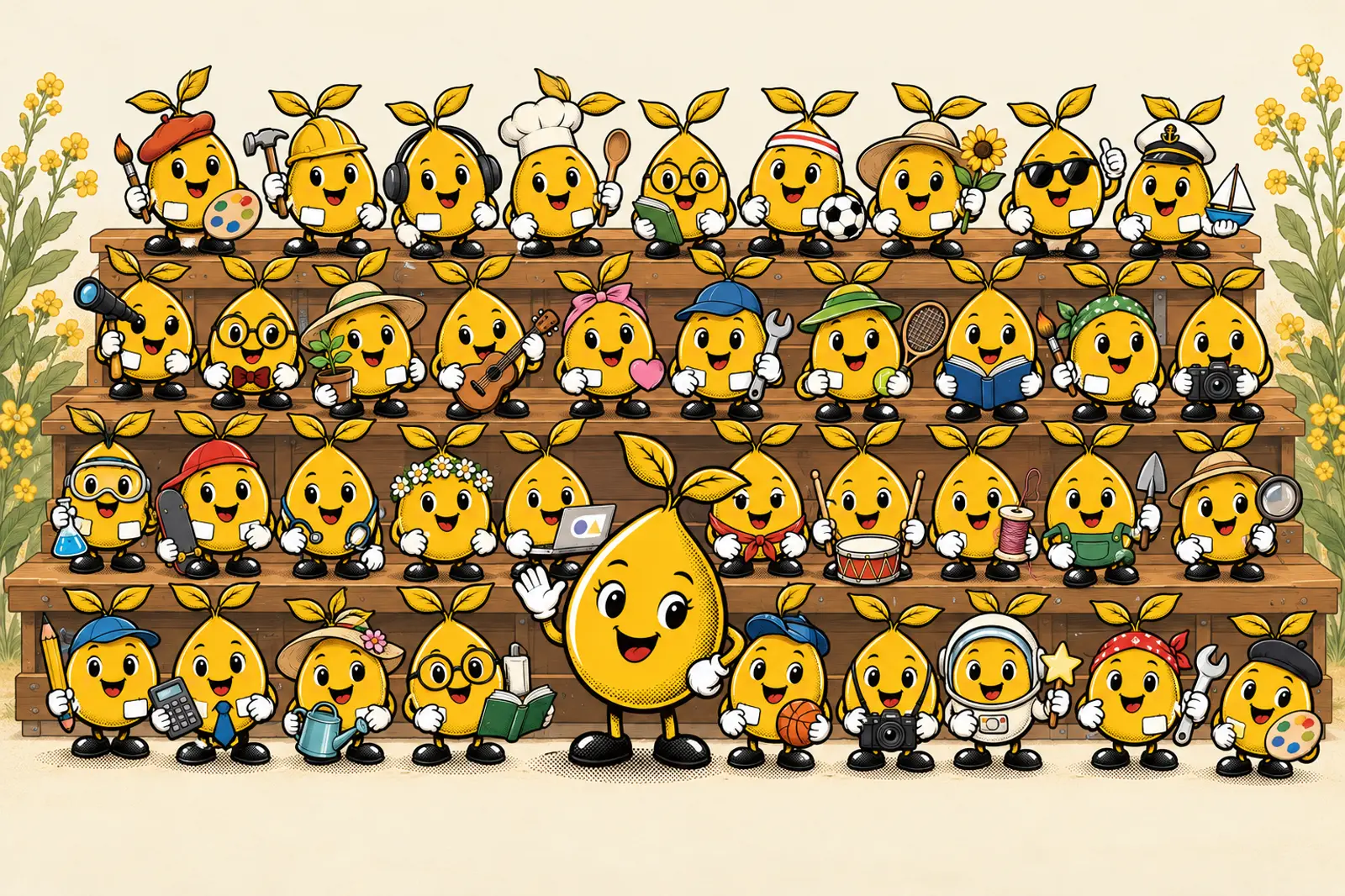 Cartoon of the full mustard seed crew lined up on bleachers, each seed with its own hat or prop for its job.