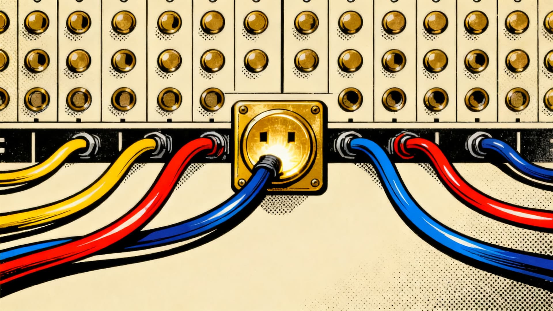 Pop-art screenprint of a telephone switchboard, every jack patched with red, blue, and yellow cords