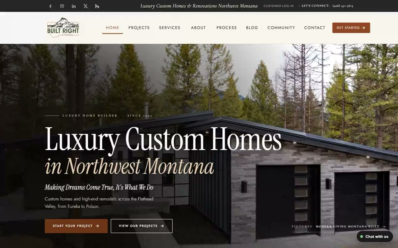 Built Right in Montana: a custom home builder website by Modern Mustard Seed, from the homepage through the projects to the project inquiry form.