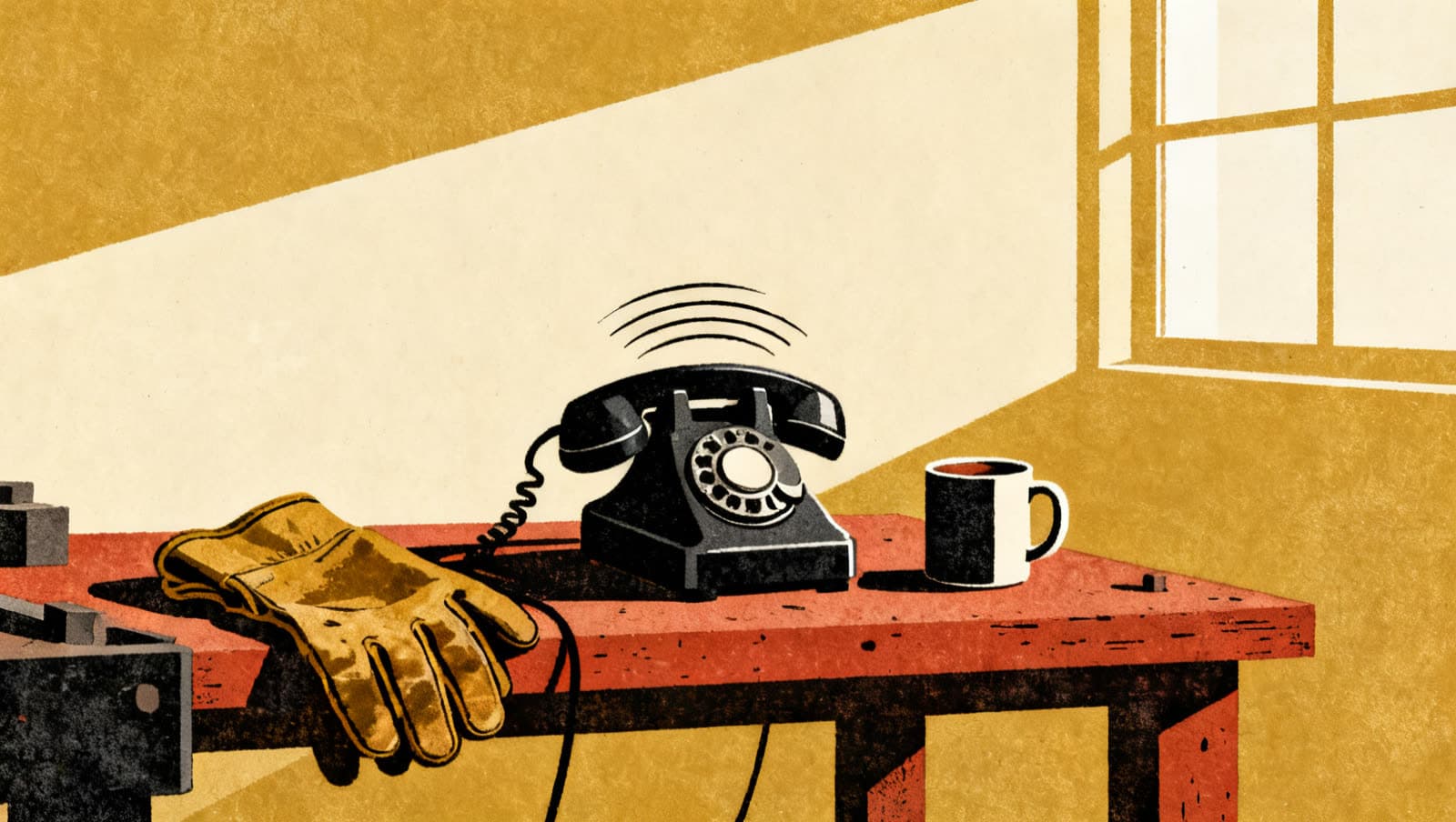 Screenprint art: a vintage phone ringing on a tradesman's workbench beside work gloves and coffee