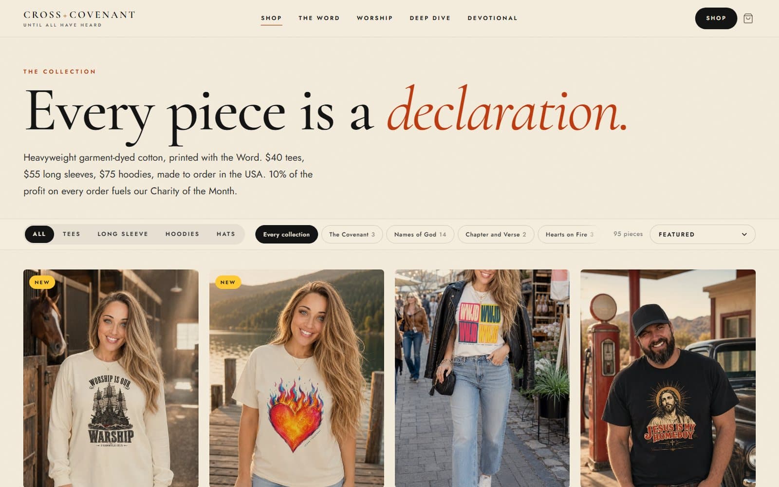 Cross + Covenant, a full online store designed and built by Modern Mustard Seed, with catalog, cart, and checkout wired to its orders board