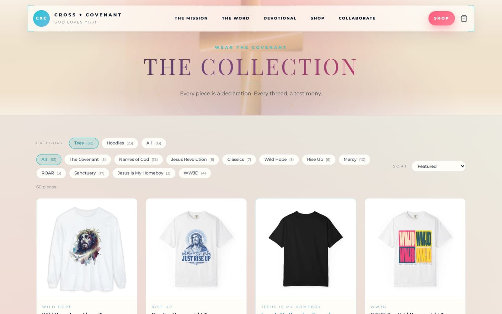 Cross + Covenant, a full online store designed and built by Modern Mustard Seed, with catalog, cart, and checkout wired to its orders board