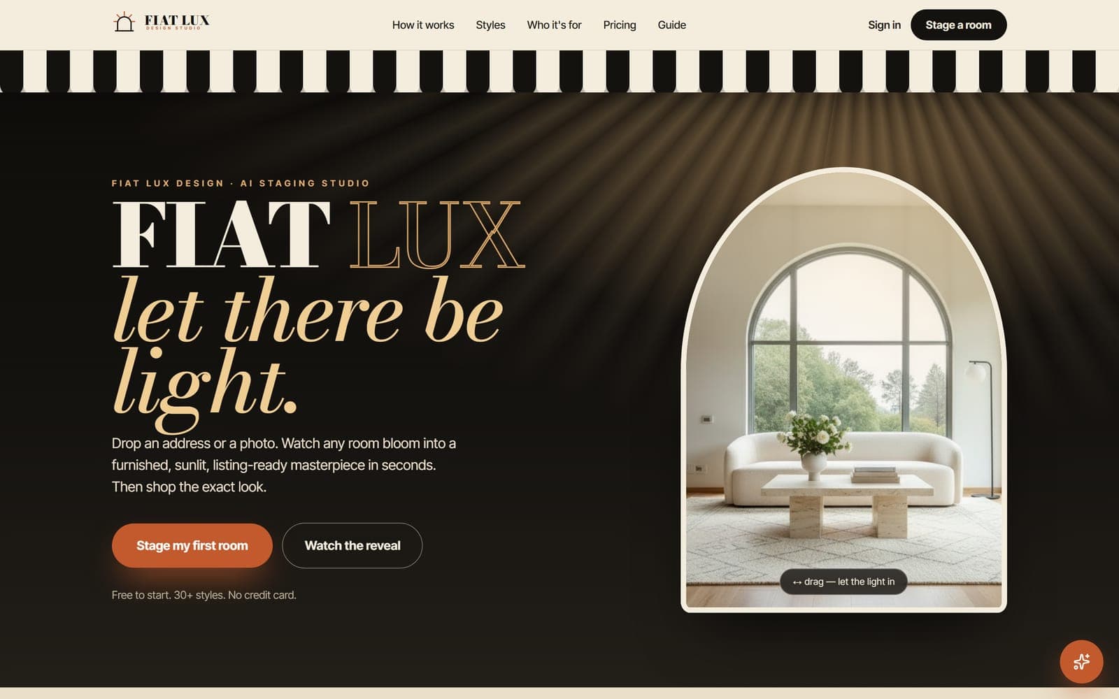 Fiat Lux Design, an agentic real estate staging studio, shown on its live homepage