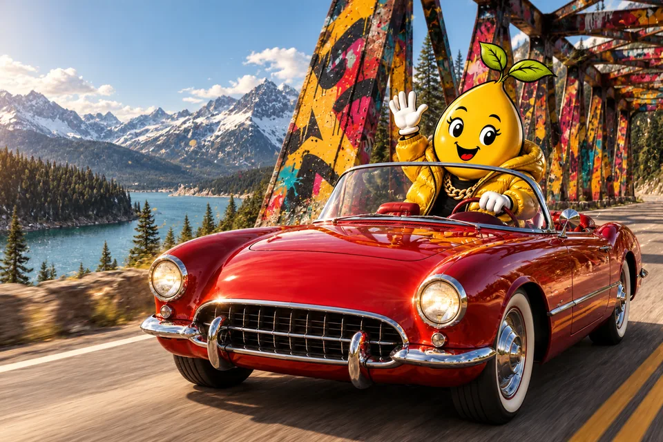 Graffiti couture painting: Mr. Mustard in a gold puffer jacket waves from a cherry-red classic convertible on a Montana mountain highway, past a lake and an old steel bridge painted in bright graffiti