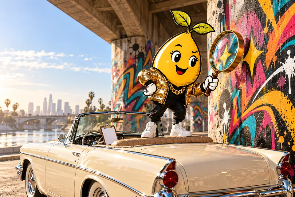 Graffiti couture painting: Mr. Mustard stands on the back seat of a cream classic convertible and inspects a graffiti mural on a bridge pillar through a giant brass magnifying glass