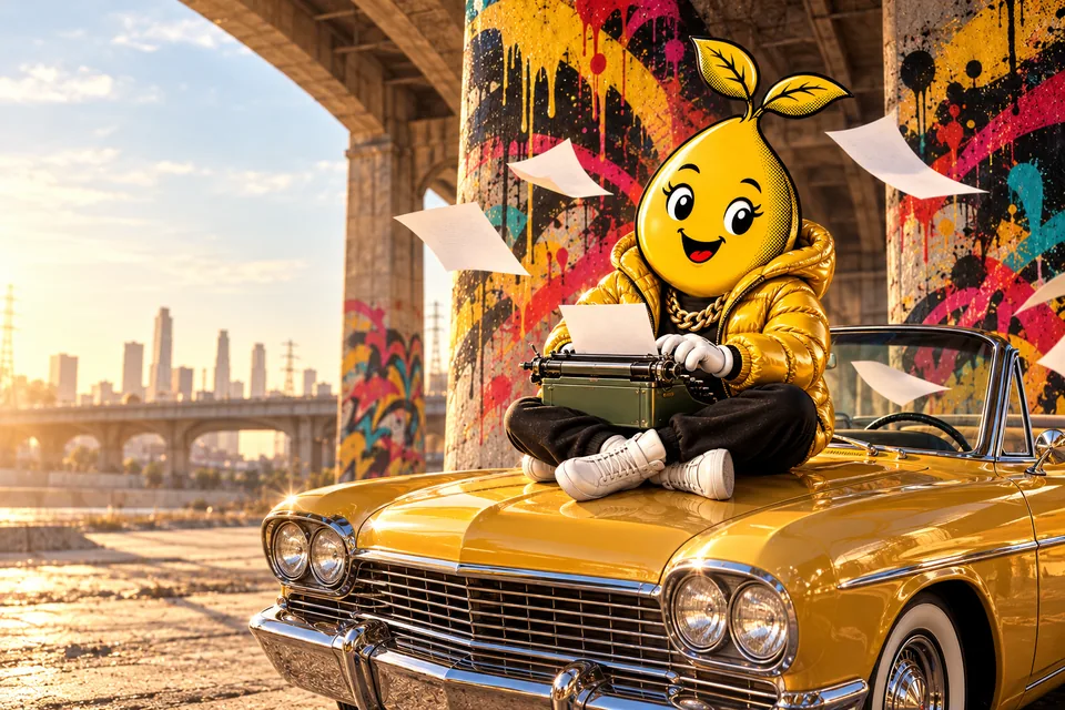 Graffiti couture painting: Mr. Mustard sits cross-legged on the hood of a mustard-yellow classic convertible, typing on a vintage typewriter under a graffiti-painted bridge as blank pages drift by