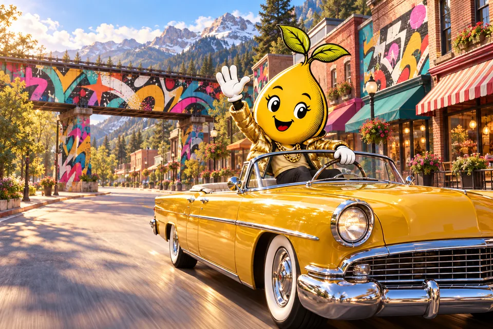 Graffiti couture painting: Mr. Mustard waves from a mustard-yellow classic convertible cruising down a mountain-town main street of shops, under a railroad trestle painted in bright graffiti