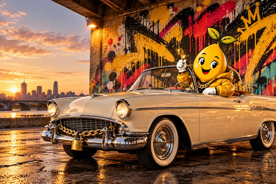 Graffiti couture painting: Mr. Mustard holds up a gold key in a cream classic convertible chained and padlocked under a graffiti-covered bridge at sunset