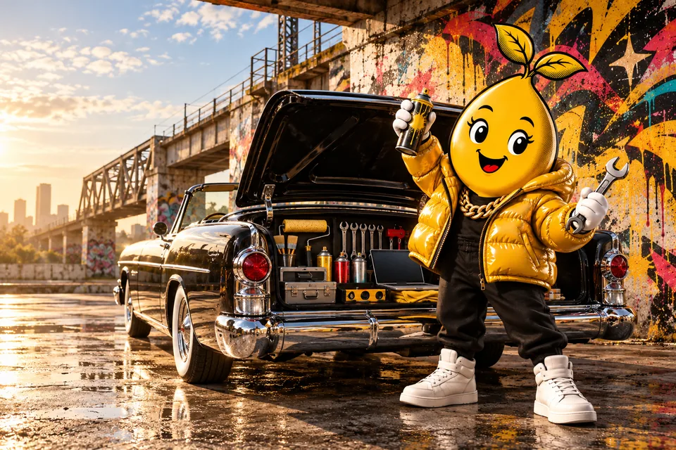 Graffiti couture painting: Mr. Mustard with a spray can and a wrench beside the open trunk of a black classic convertible packed with tools, under a graffiti-covered railroad trestle