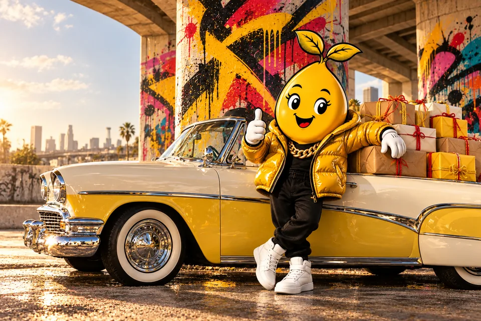 Graffiti couture painting: Mr. Mustard gives a thumbs up beside a cream and yellow classic convertible piled high with wrapped parcels, under a graffiti-painted highway overpass