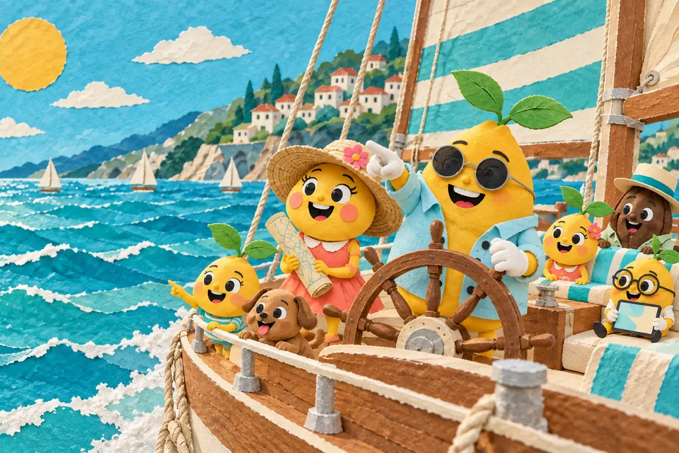 Painting: Mr. Mustard at the helm of a classic wooden sailboat points to the horizon while Mrs. Mustard holds a rolled nautical chart, the sails full and the coast behind