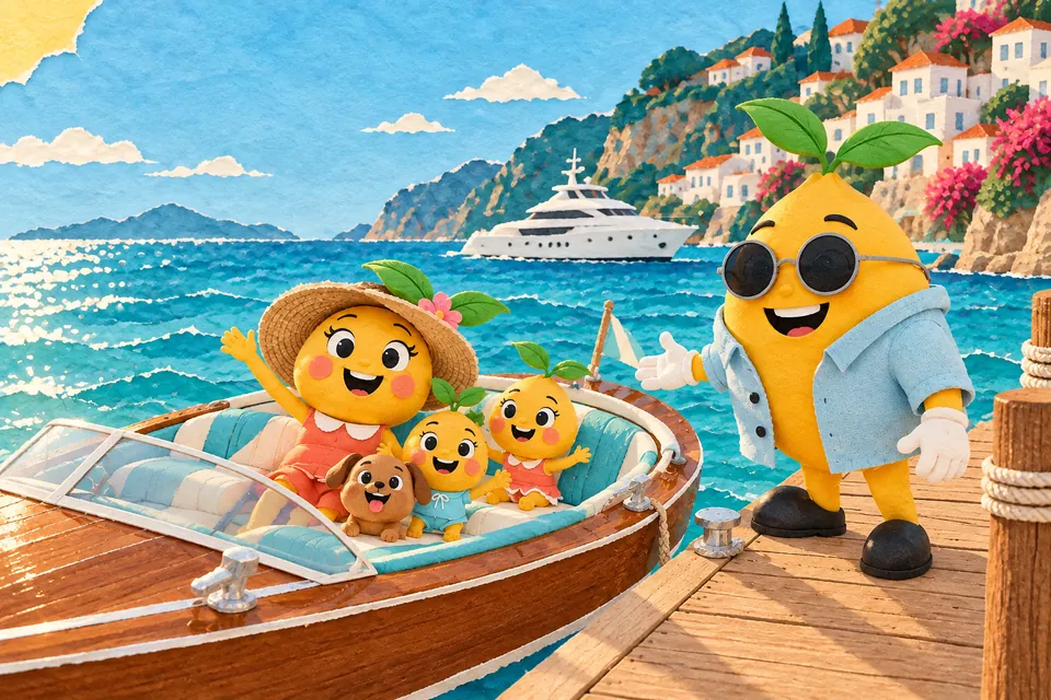 Painting: at the end of a wooden dock over clear turquoise water, Mr. Mustard sweeps an arm out in welcome beside a wooden tender with Tiffany-blue cushions, the family already aboard and waving, a white yacht beyond
