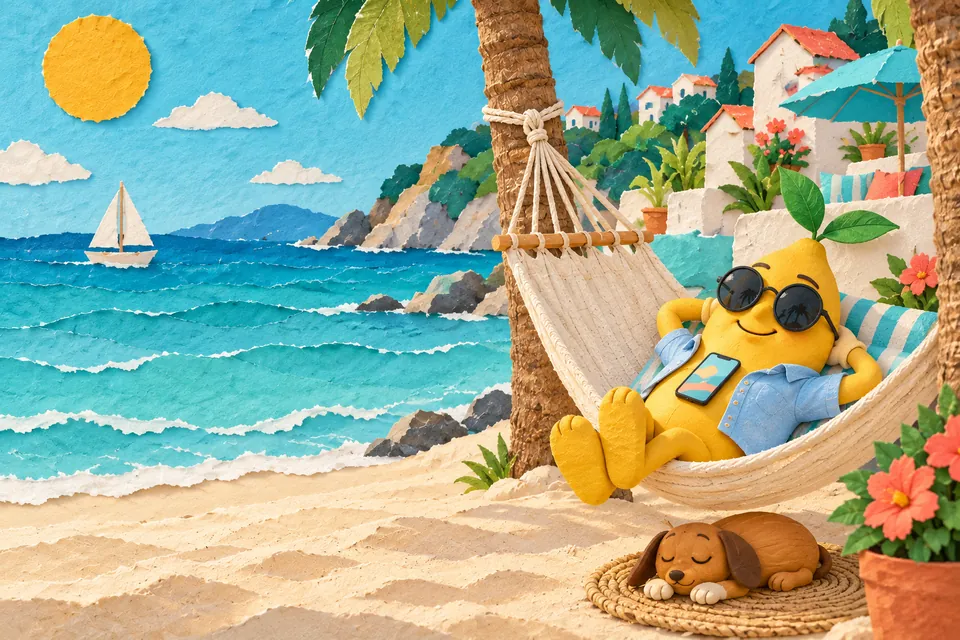 Painting: Mr. Mustard relaxes in a white hammock between two palm trees on a quiet beach, his phone resting on his chest and the seed dog asleep in the shade