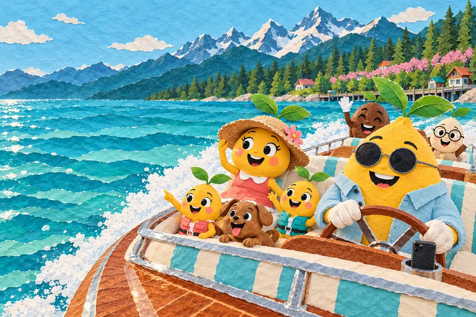Painting: the Mustard family on a classic wooden runabout on the clear water of Flathead Lake, colored stones below, cherry orchards on the hillside and the peaks of Glacier National Park behind