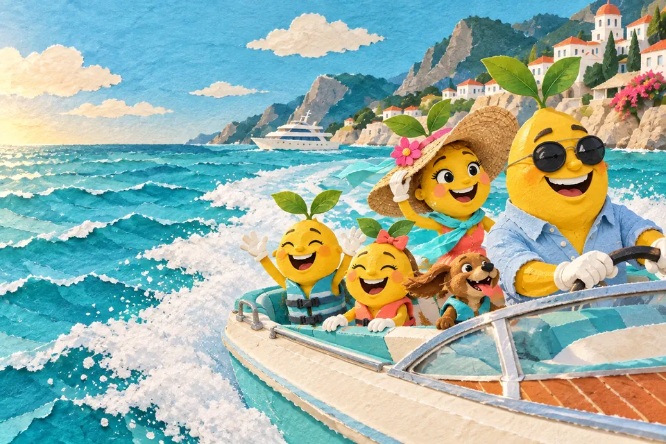 Painting: Mr. Mustard grins at the wheel of a speedboat carving across turquoise water, Mrs. Mustard and the kids laughing in the spray and the seed dog’s ears flying