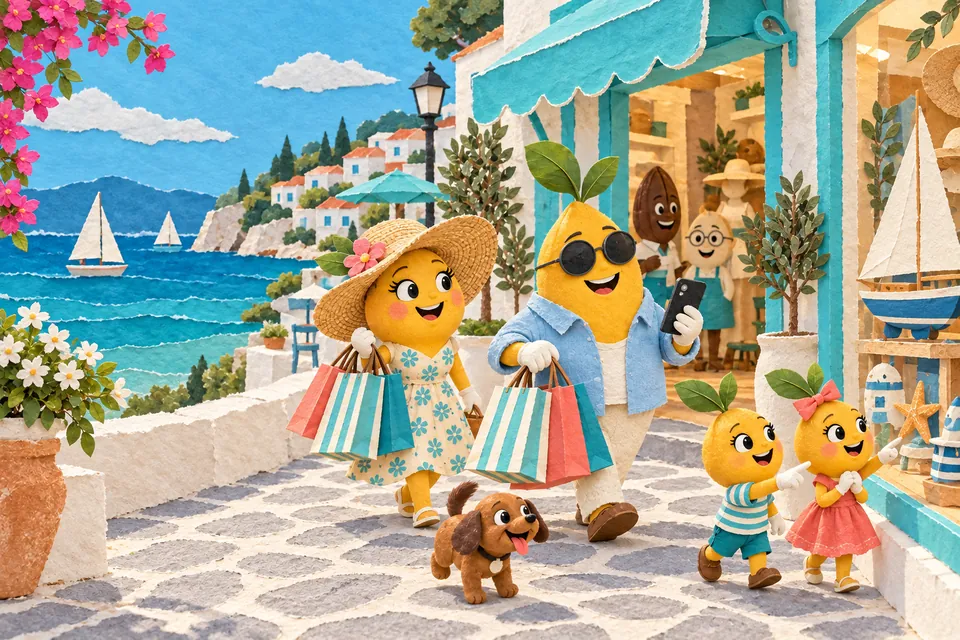 Painting: on a sunny Riviera boutique street, Mrs. Mustard in her big hat carries striped shopping bags from a shop with a Tiffany-blue awning while Mr. Mustard carries the rest and taps his phone, the kids window-shopping