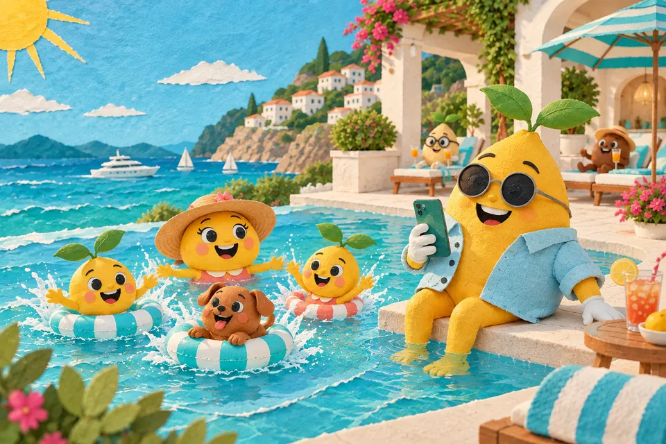 Painting: Mr. Mustard on a pool terrace above the sea, phone in hand, asking it a question while the seed kids splash and the dog paddles in a ring.