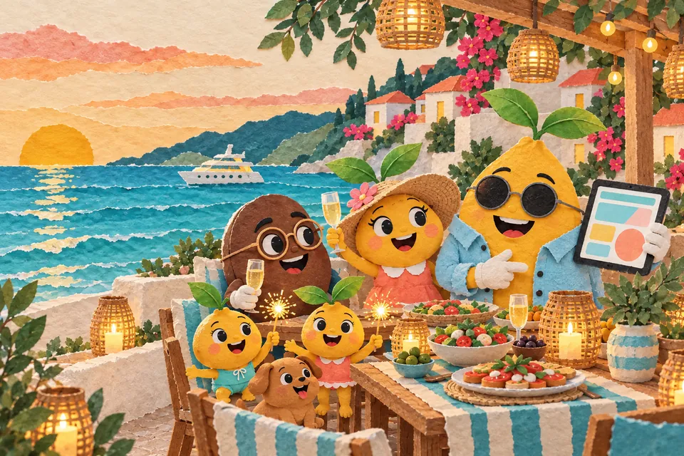 Painting: at a lantern-lit beachside dinner, Mr. Mustard shows friends a tablet of website layouts while Mrs. Mustard raises a glass, the kids wave sparklers and a lit-up yacht sits on the water behind