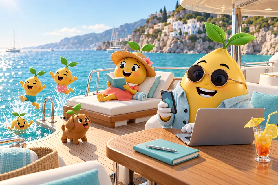 Painting: on the aft deck of a white yacht, Mr. Mustard works from his phone and laptop at a teak table while Mrs. Mustard reads under her straw hat, the kids jump into the turquoise water and the seed dog watches, the business running while the family plays.