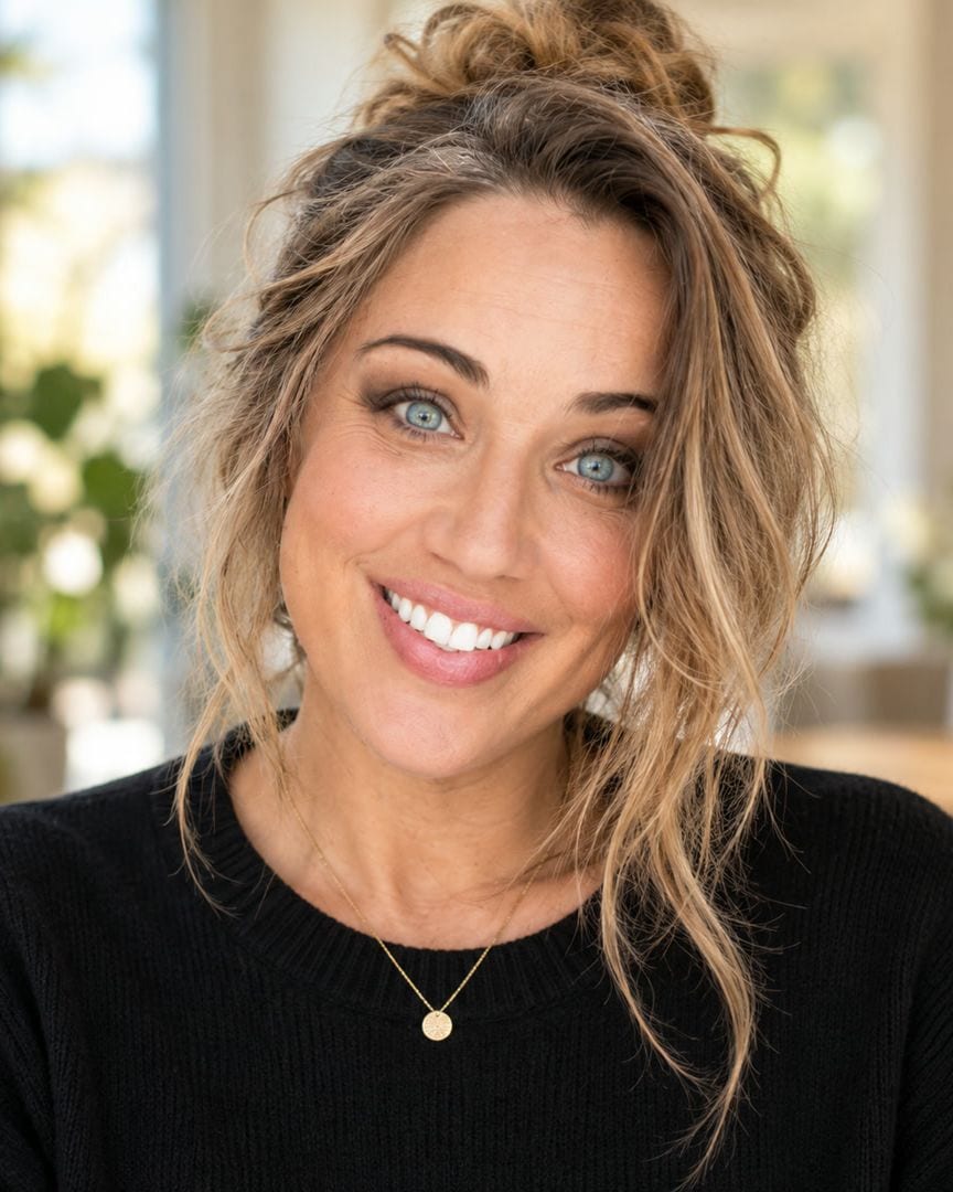 Sarah Scarano, founder of Modern Mustard Seed, smiling, hair up, in a black sweater