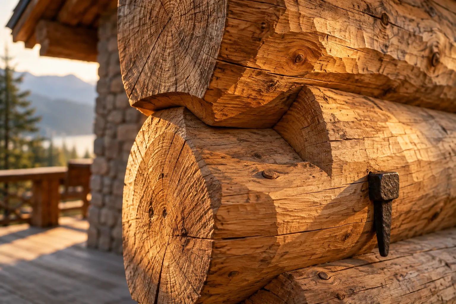 Hand-hewn log corner on site