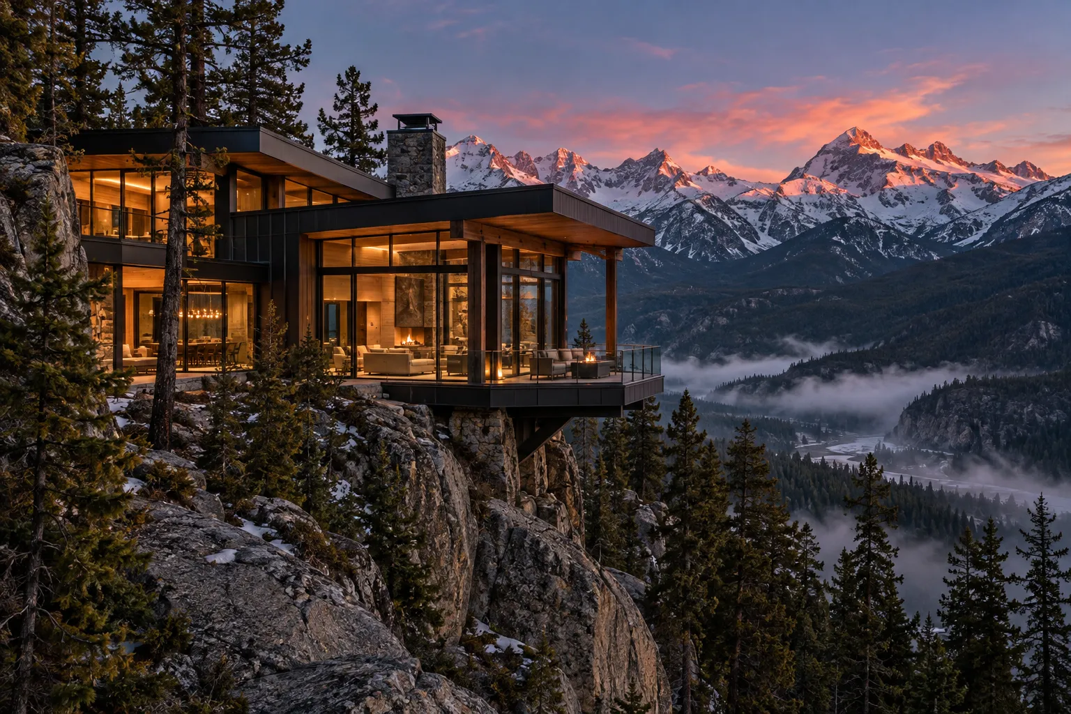 A timber, steel and glass mountain home glowing at dusk on a granite ridge below snow-capped peaks