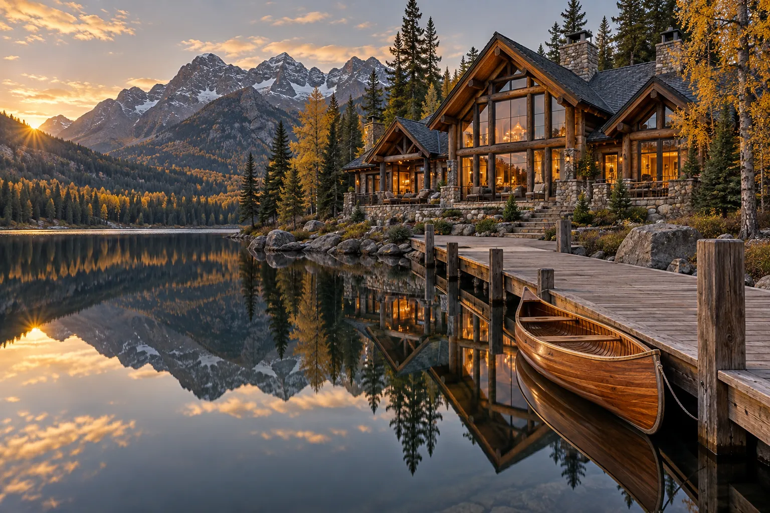 A log and stone lake house reflected in a still alpine lake at golden hour