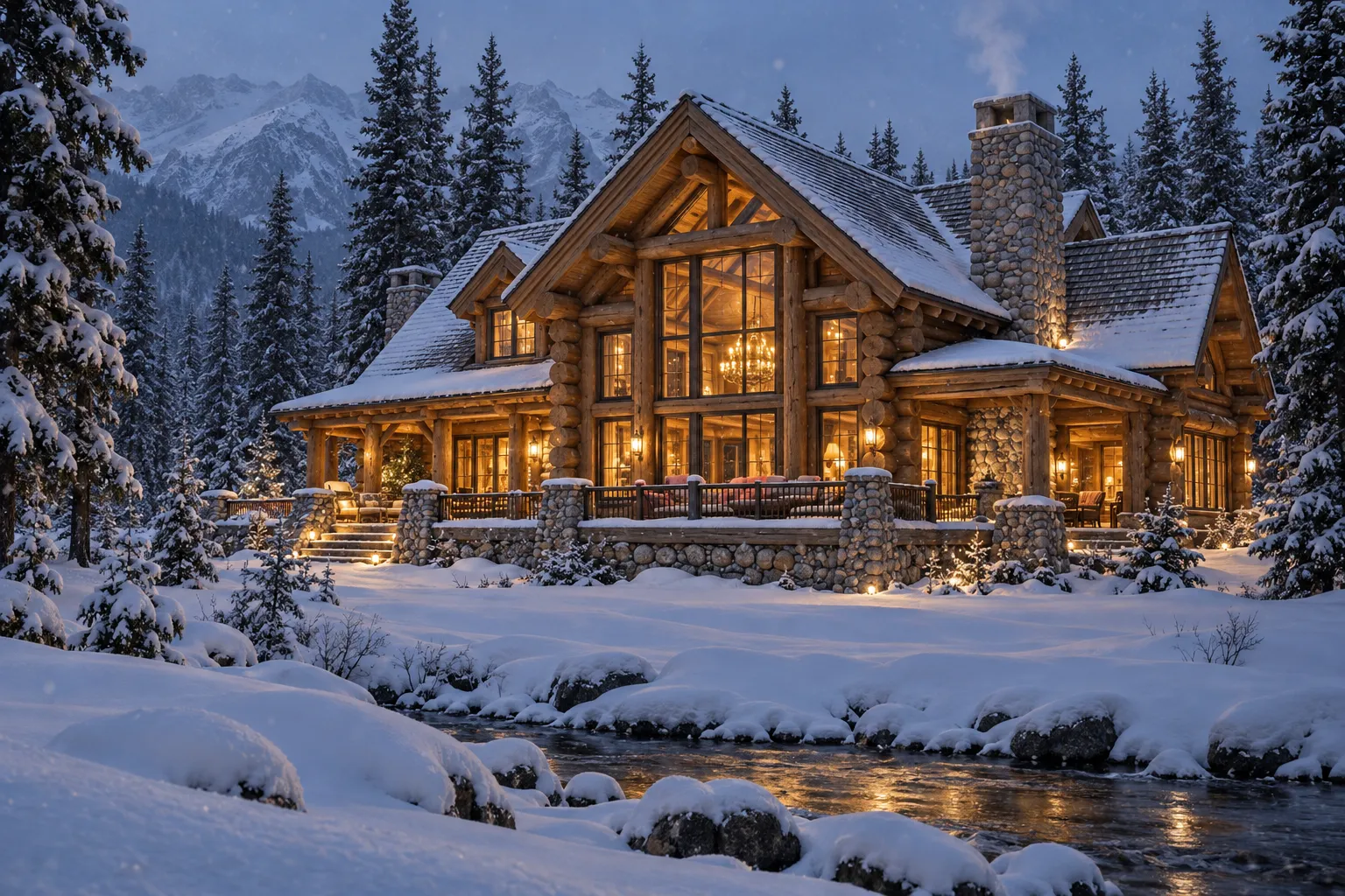 Hollow Creek Lodge in winter at dusk