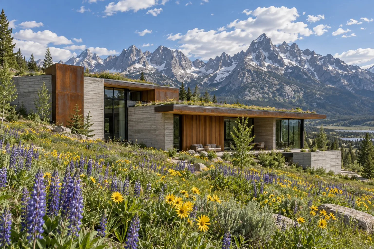 A modern mountain home of concrete, weathered steel and cedar in a wildflower meadow