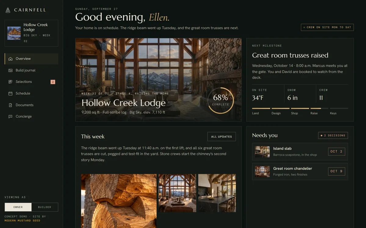 The Cairnfell owner portal overview: Hollow Creek Lodge, 68 percent complete, the next milestone and two decisions waiting