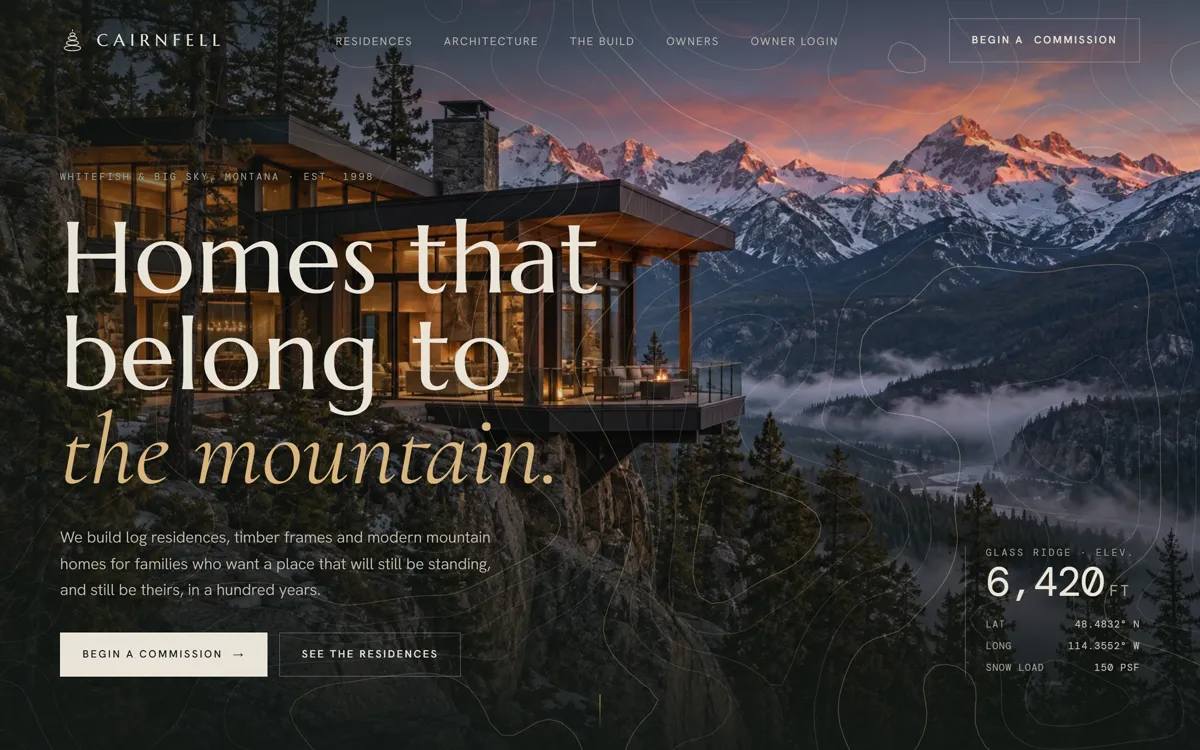 The Cairnfell homepage: a timber and glass mountain home at dusk under the headline Homes that belong to the mountain