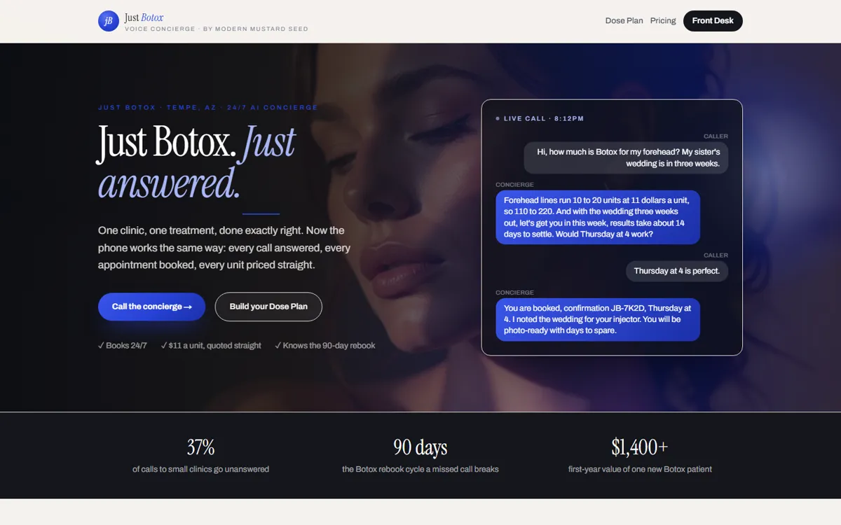 The Just Botox concierge site: Just Botox, just answered, beside a call pricing units for a wedding