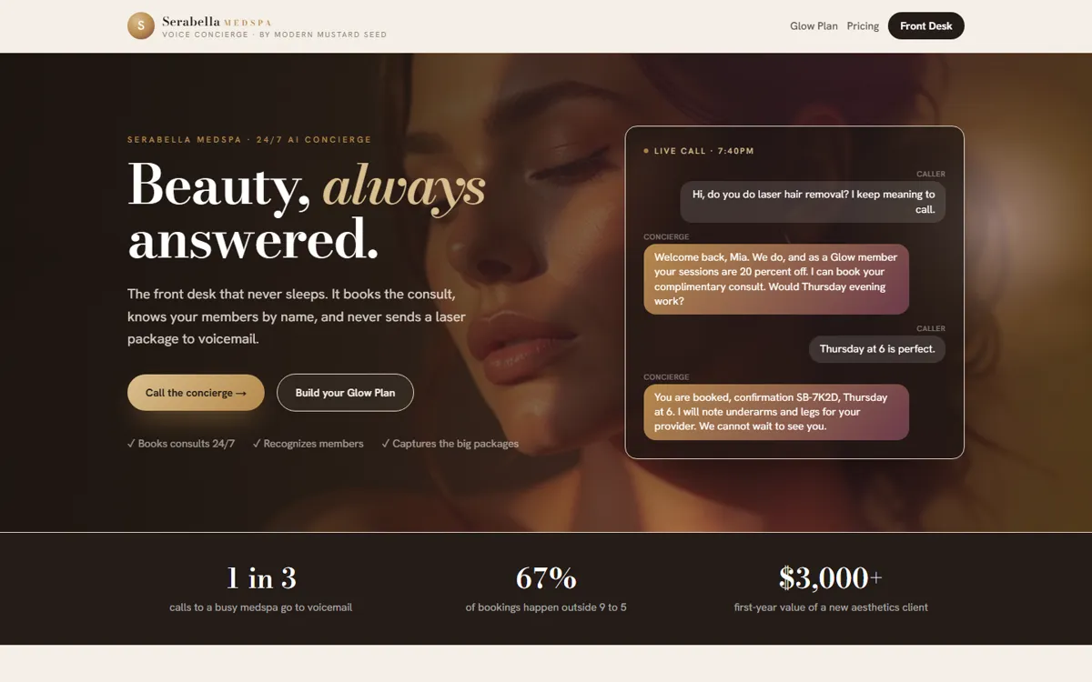 The Serabella MedSpa concierge site: Beauty, always answered, beside a live call booking a laser consult