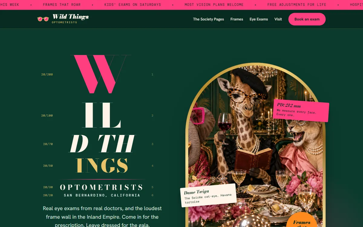 The Wild Things Optometrists homepage: an eye chart that spells Wild Things beside a giraffe in pearls reading at a dinner table