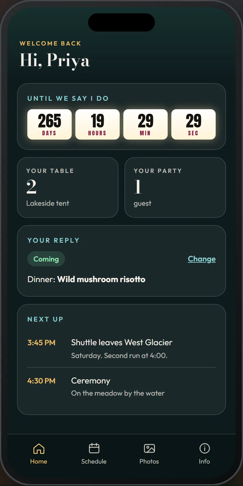 The guest app on a phone: Priya Raman’s table, dinner and the weekend schedule