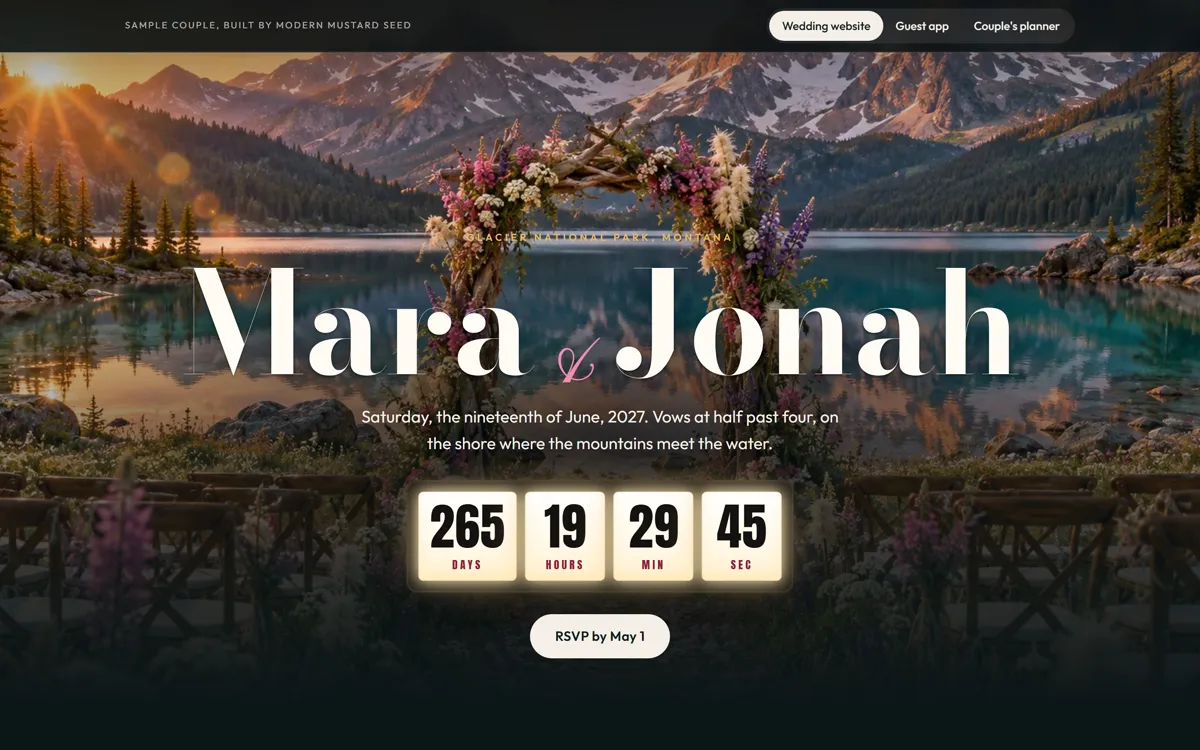 The Mara and Jonah wedding website: Glacier National Park at sunset with the countdown to June 19, 2027