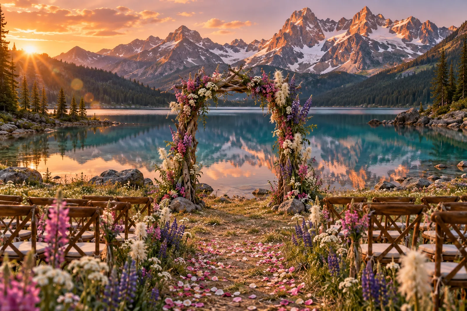 A wildflower ceremony arch on the shore of a glacial lake at sunset, with empty chairs waiting for guests