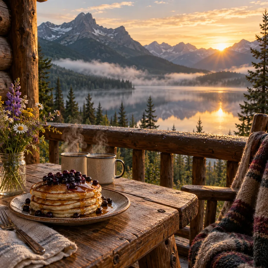 Huckleberry pancakes and coffee on a cabin porch above a misty lake at sunrise
