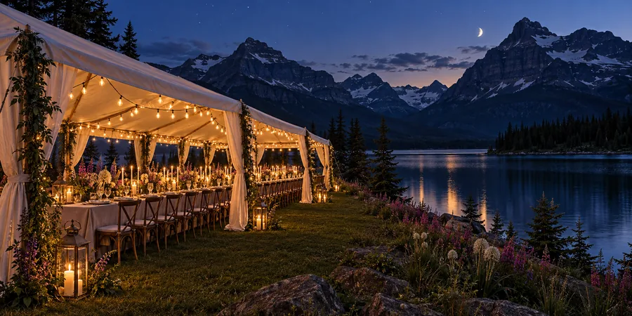 A candlelit reception tent beside the lake at blue hour