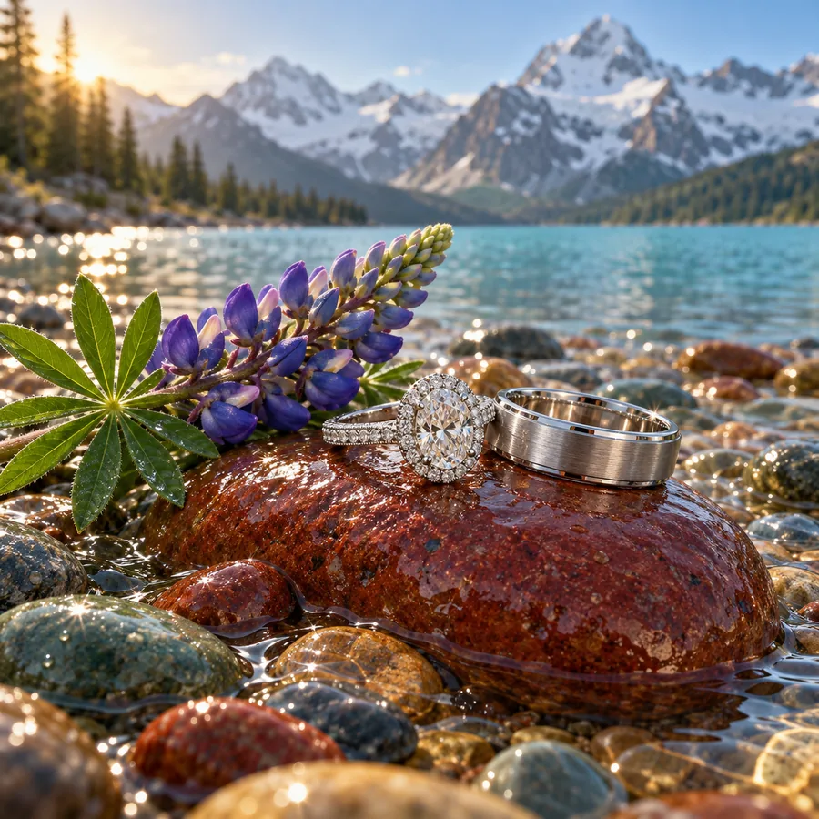 A diamond halo engagement ring and a brushed platinum band on a red lake stone beside purple lupine