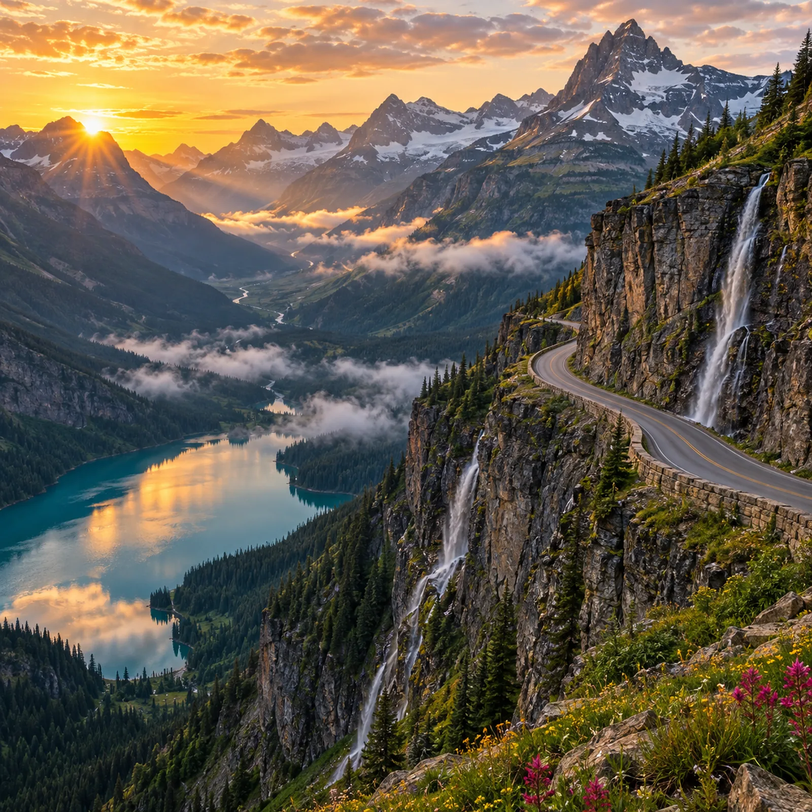 A mountain road cut into a cliff above a glacial valley at sunrise