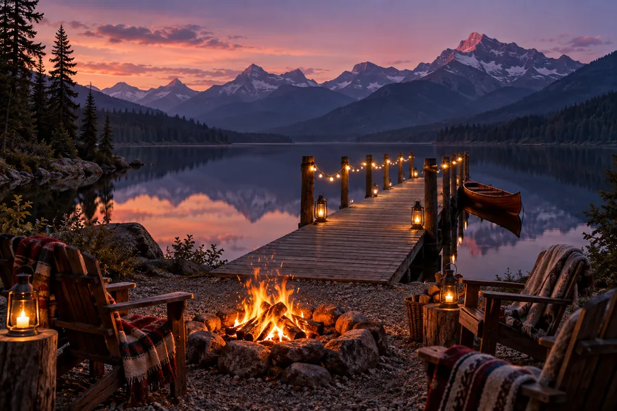 A string-lit dock and bonfire on the lake at dusk
